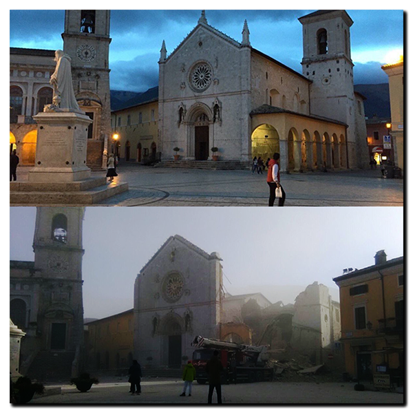 Norcia - Basilica of San Benedetto before and after.